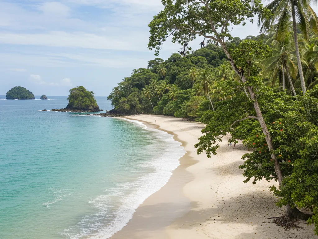 Manuel Antonio National Park's white sand beaches meeting turquoise Pacific waters and jungle.