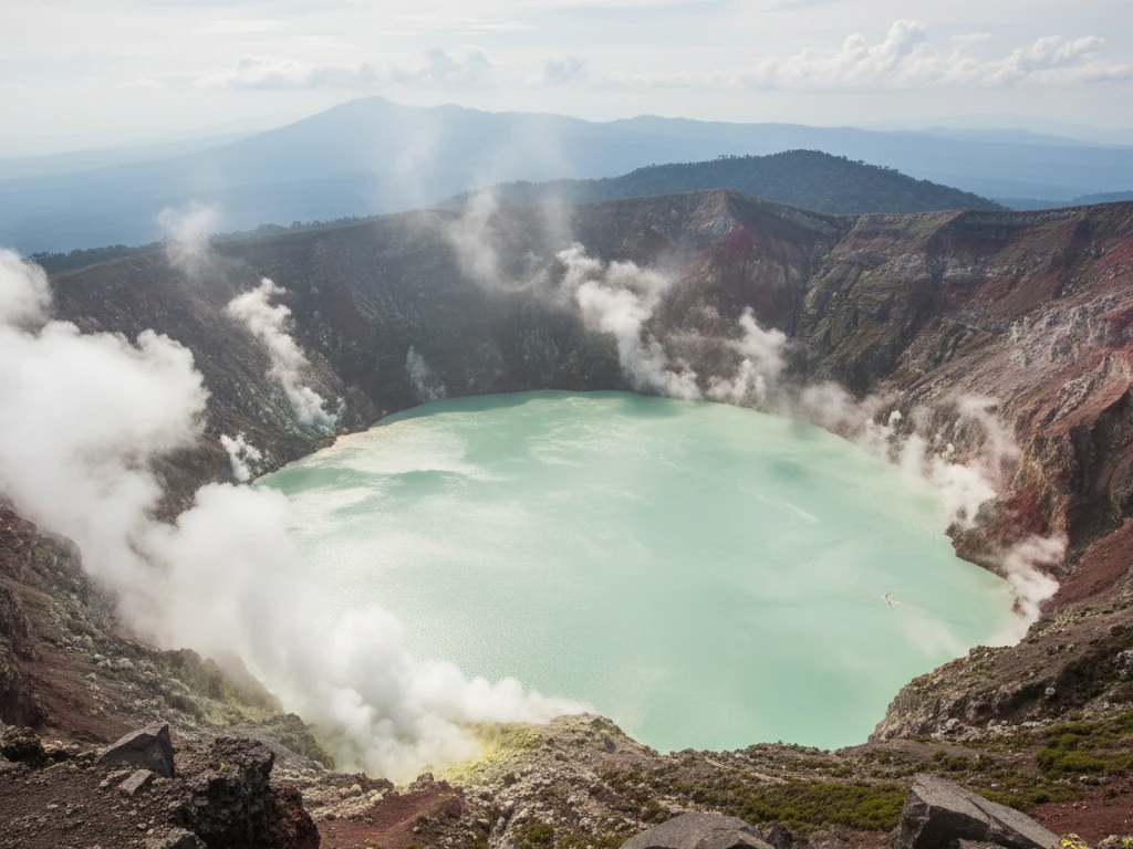 Poás Volcano's massive crater lake with turquoise acidic water and steam vents.