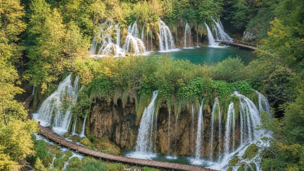 Plitvice Lakes National Park cascading turquoise waterfalls flowing between wooden boardwalks through lush forest.