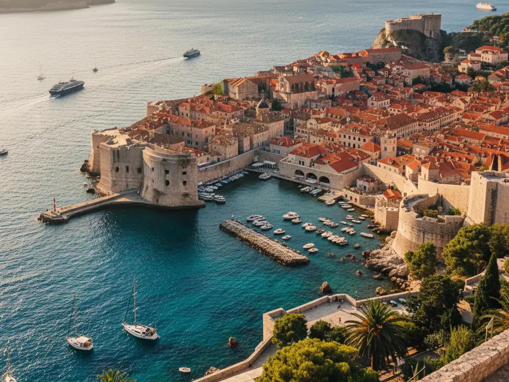 Dubrovnik's ancient limestone city walls encircling red-roofed buildings above the sparkling Adriatic Sea.