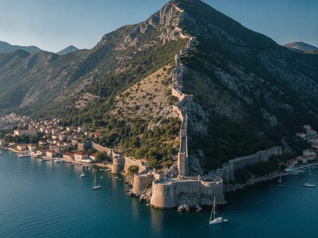 Kotor Bay's medieval stone walls climbing steep mountains above blue Adriatic waters.