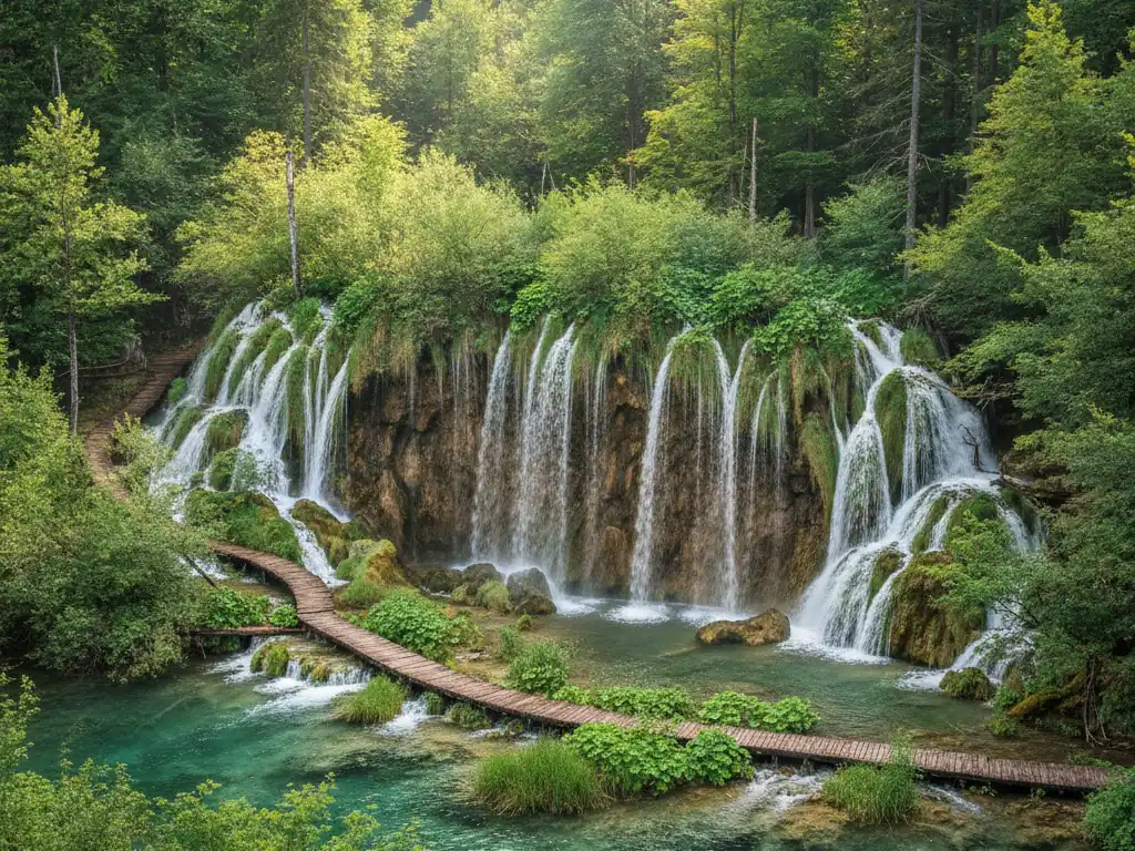Plitvice Lakes National Park cascading turquoise waterfalls flowing between wooden boardwalks through lush forest.