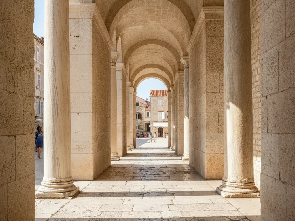 Diocletian's Palace stone corridors and ancient Roman columns in Split's historic old town center.