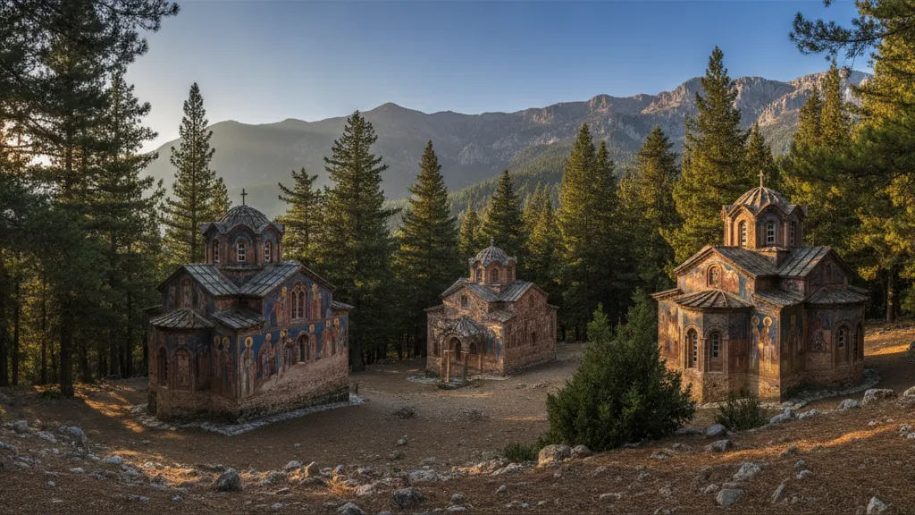 Painted churches with Orthodox frescoes nestled among pine forests in Troodos Mountains.