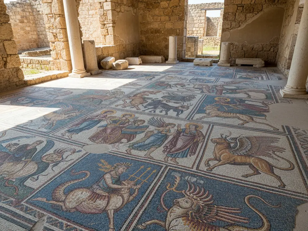 Byzantine mosaics depicting colorful mythological scenes inside Paphos Archaeological Park's Roman villas.
