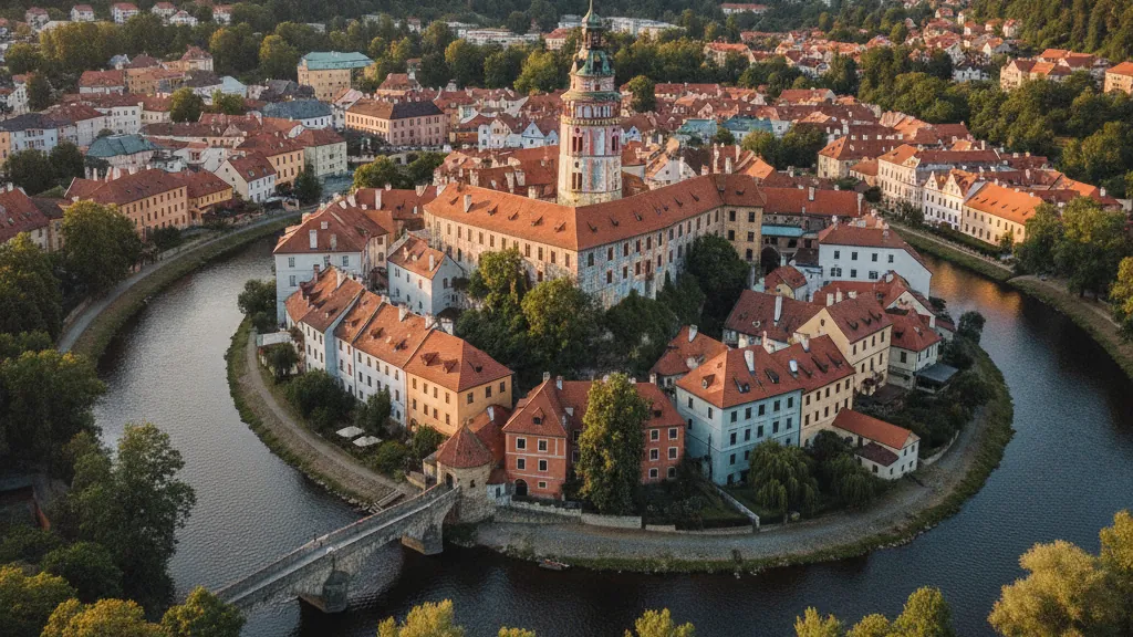 Český Krumlov's curved river bend wrapping around colorful Renaissance buildings and castle tower.