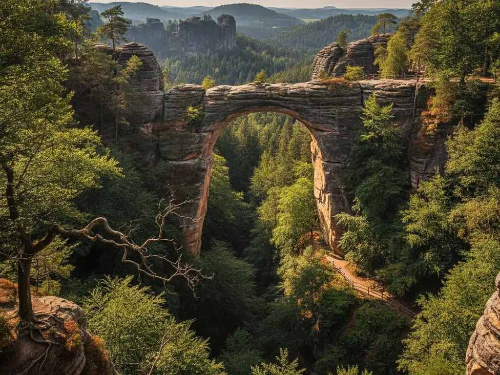 Bohemian Switzerland National Park's Pravčická Brána sandstone arch spanning forested gorge.