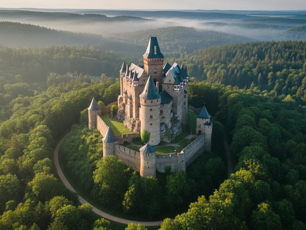 Karlštejn Castle's towering stone walls and turrets rising above dense green Bohemian forest.
