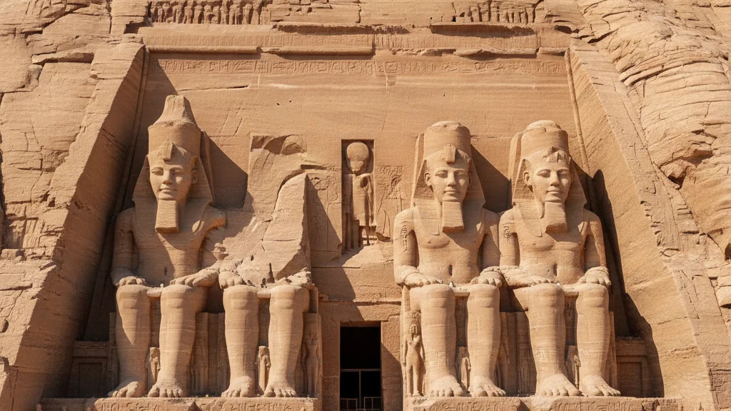 Abu Simbel's colossal pharaoh statues carved into the sandstone cliff face.