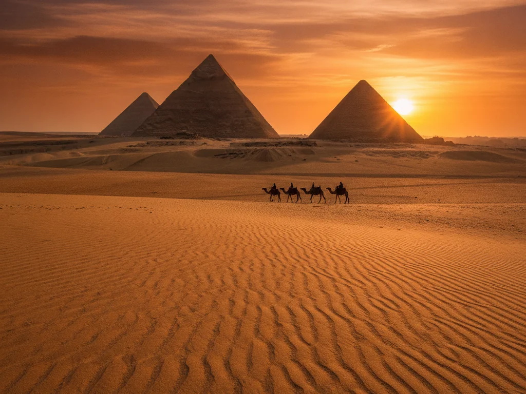 The Great Pyramids of Giza standing tall against golden desert sands at sunset.