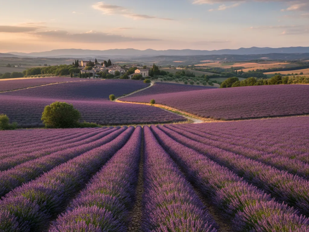 Lavender fields stretching endlessly across Provence's purple rolling countryside hills