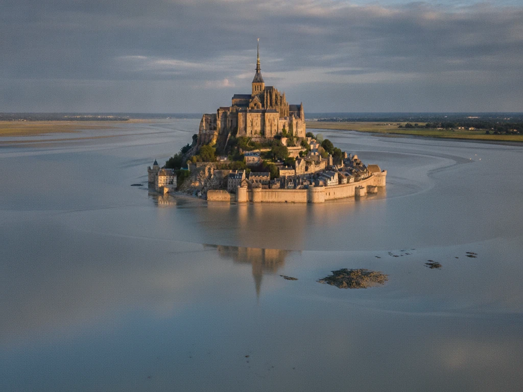 Mont Saint-Michel island monastery surrounded by tidal bay waters