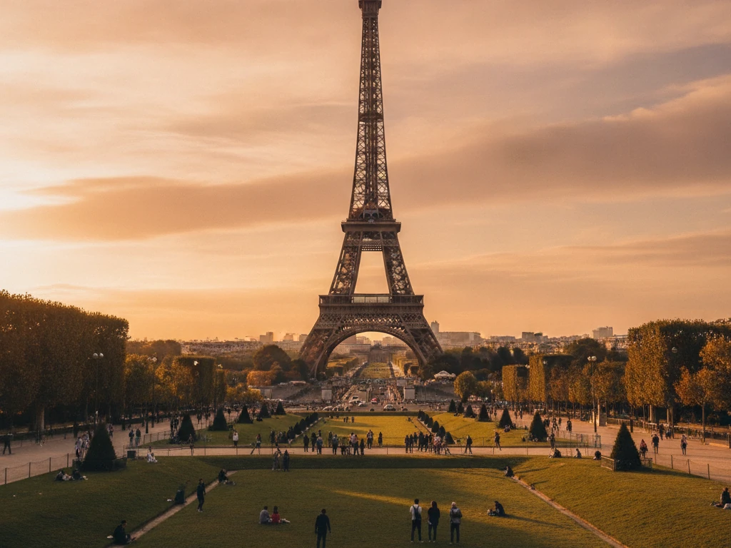 Eiffel Tower rising above Champ de Mars gardens at golden sunset