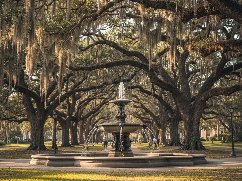 Savannah's Forsyth Park fountain spraying water beneath sprawling oak trees draped in Spanish moss.