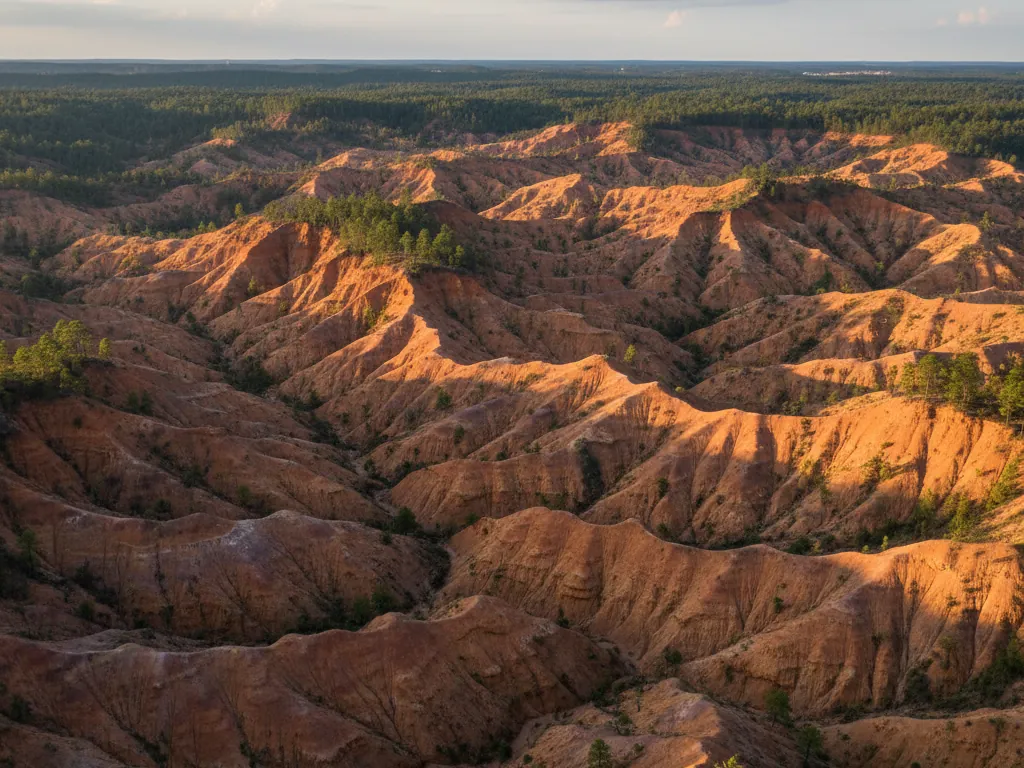 Providence Canyon's deep rust-colored gullies and ridges stretching across eroded Georgia landscape.