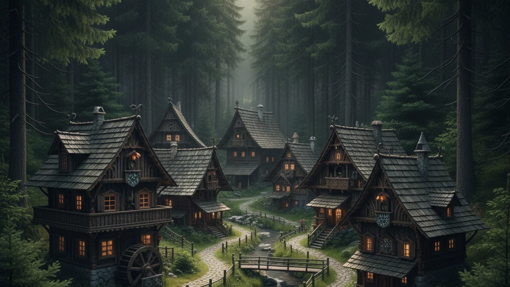 Black Forest's dense evergreen trees surrounding wooden cuckoo clock houses