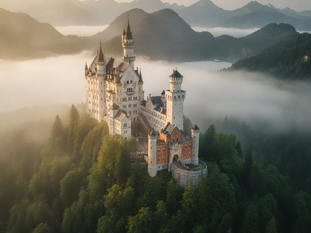 Neuschwanstein Castle's white turrets rising above Bavarian forest in morning mist