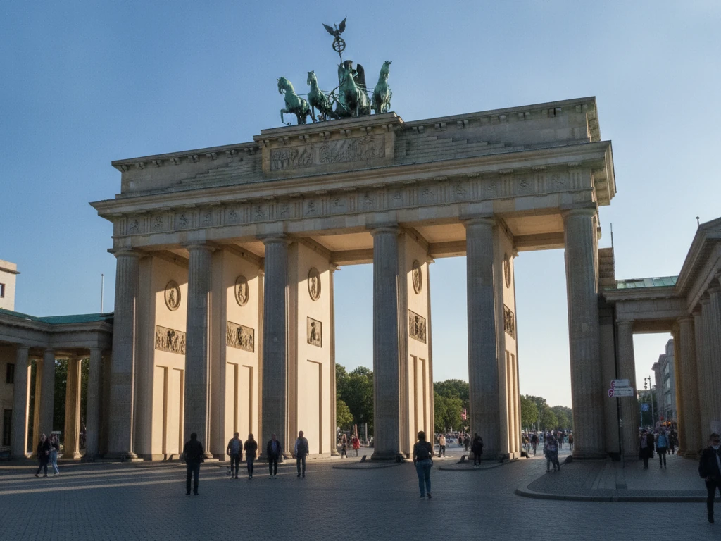 Brandenburg Gate's columns standing tall under blue sky in Berlin