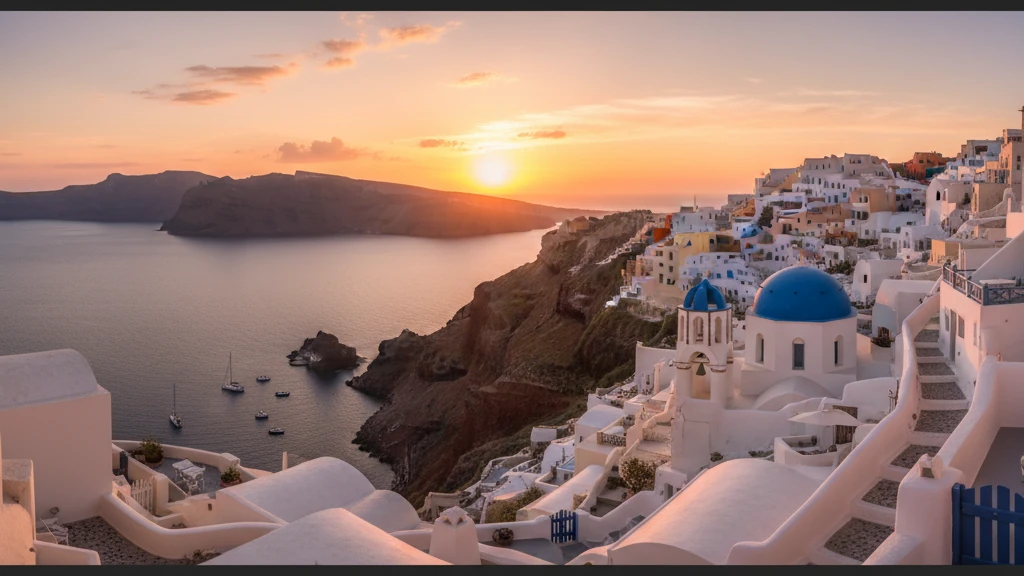 Whitewashed buildings with blue domes overlooking the Santorini caldera at sunset.
