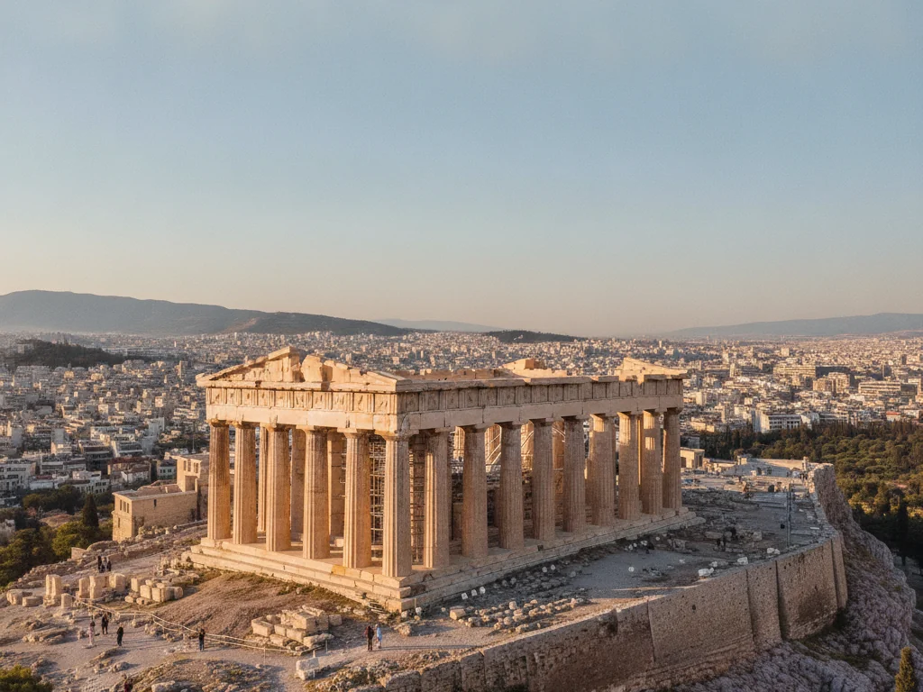 Ancient Parthenon temple standing majestically atop the Acropolis hill in Athens.