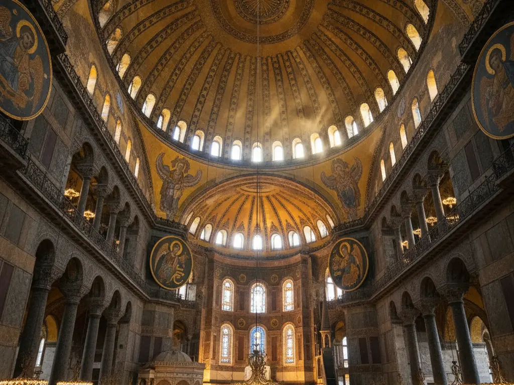 Hagia Sophia's massive dome and Byzantine mosaics illuminated by afternoon light streaming through windows.