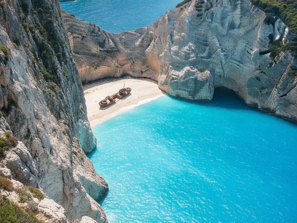Turquoise waters and dramatic limestone cliffs of Navagio Shipwreck Beach, Zakynthos.
