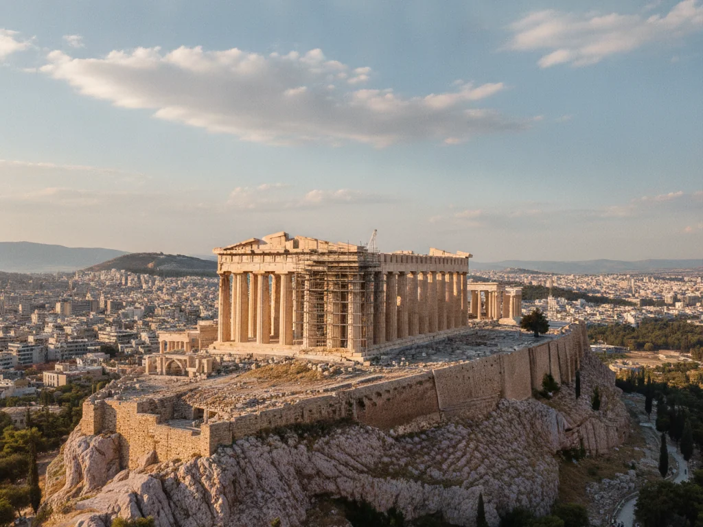 Ancient Parthenon temple standing majestically atop the Acropolis hill in Athens.