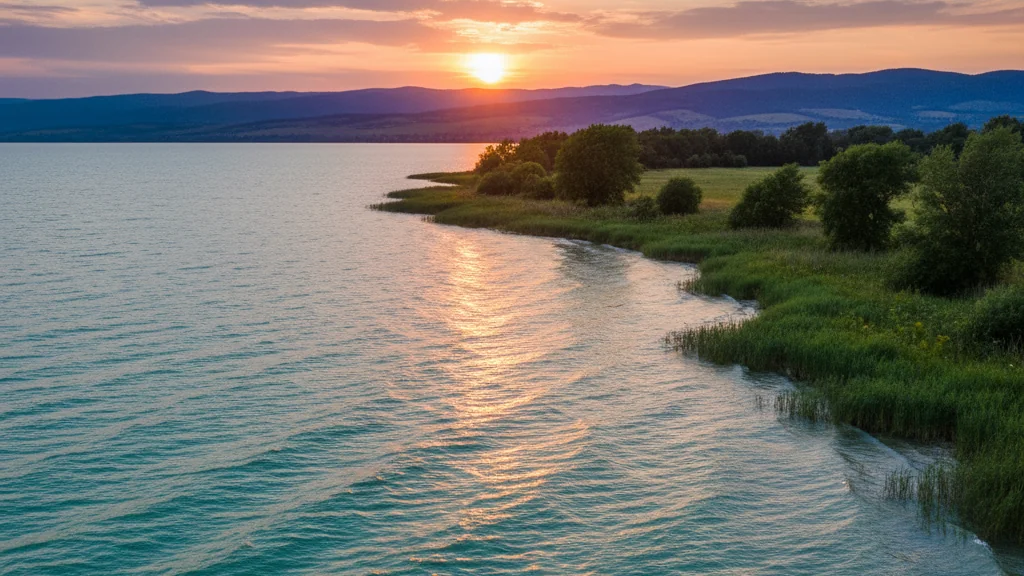 Lake Balaton's shallow turquoise waters meeting green shoreline and distant hills at sunset.