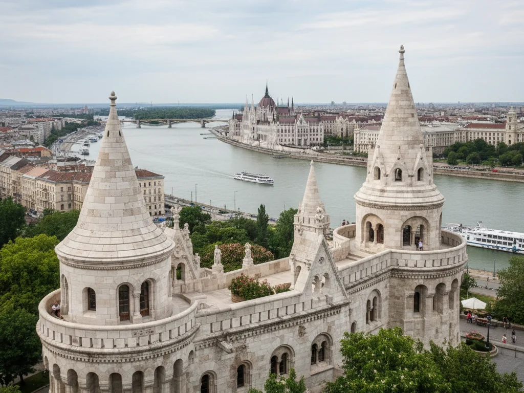 Fisherman's Bastion white towers and turrets overlooking the Danube River in Budapest.