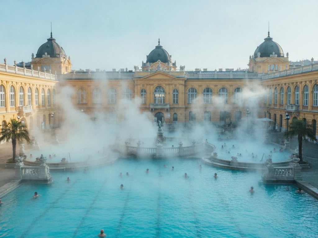 Széchenyi Thermal Bath's bright blue outdoor pools with steam rising, surrounded by yellow buildings.