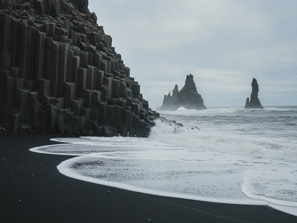 Reynisfjara black sand beach with towering basalt columns and crashing Atlantic waves nearby.