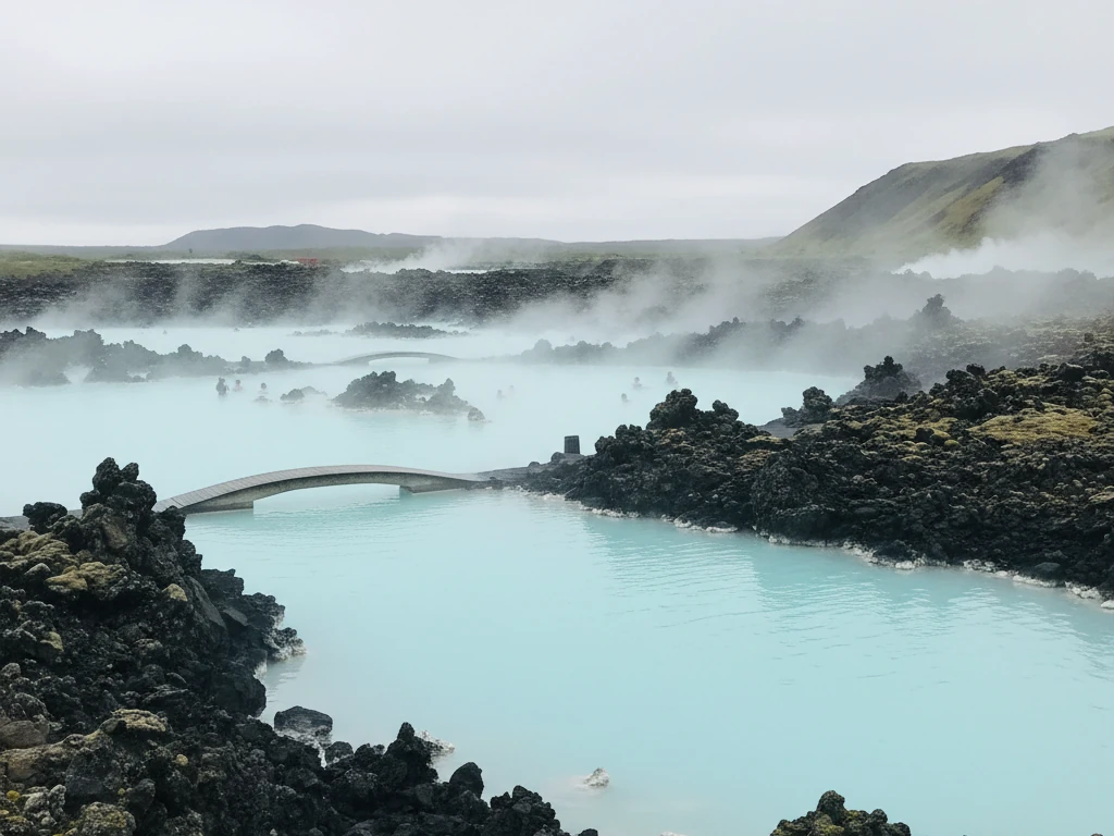 Blue Lagoon geothermal spa with milky turquoise water surrounded by black lava rocks.