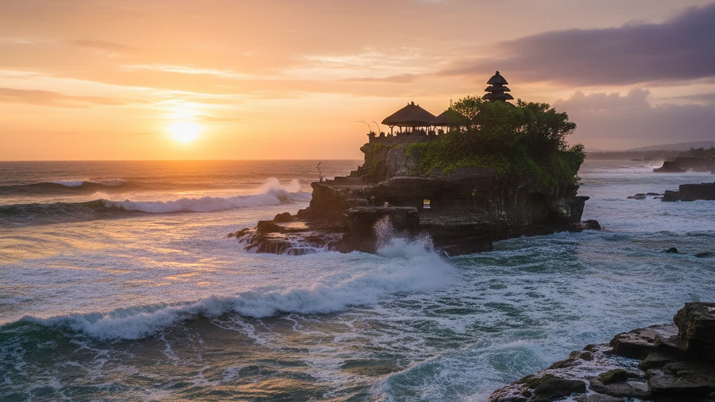 Tanah Lot Temple perched on ocean rock formation surrounded by crashing waves at sunset.