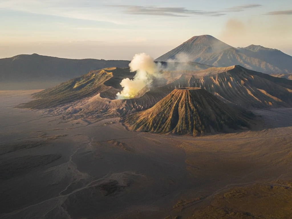 Mount Bromo volcano crater releasing sulfur smoke above vast Sea of Sand caldera.