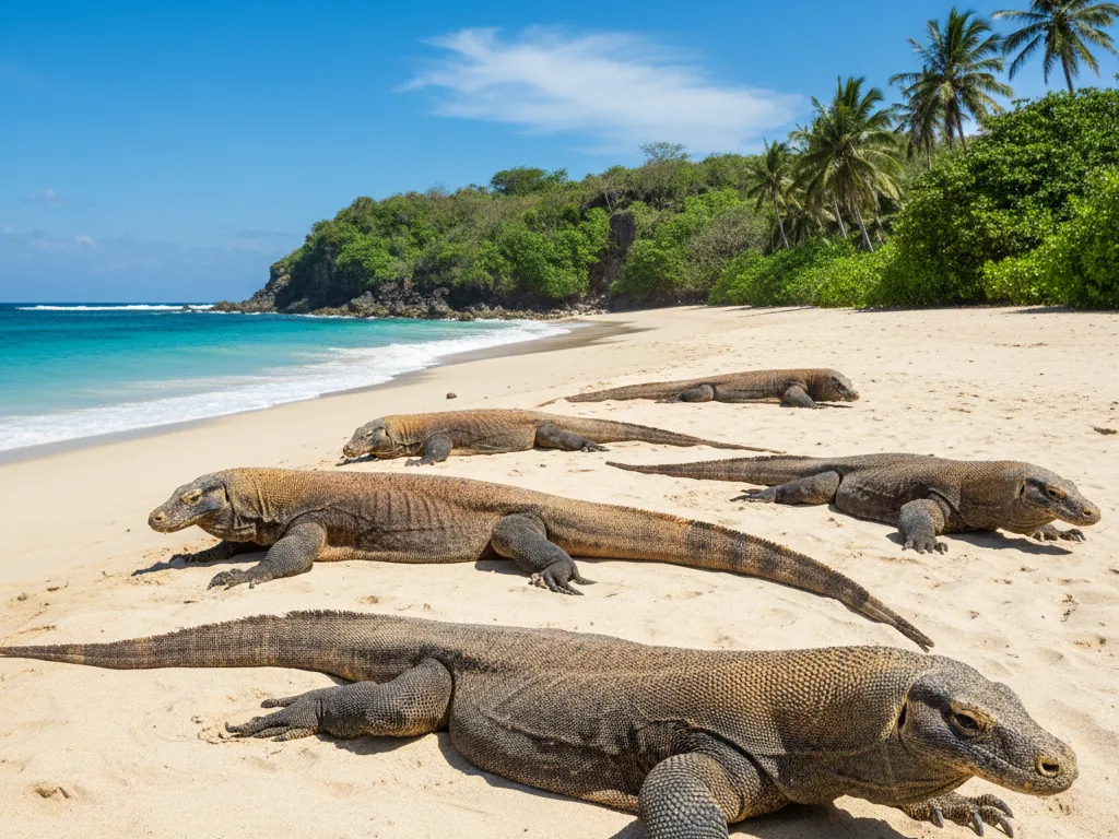 Komodo dragons lounging on sandy beaches of Komodo National Park under tropical sun.