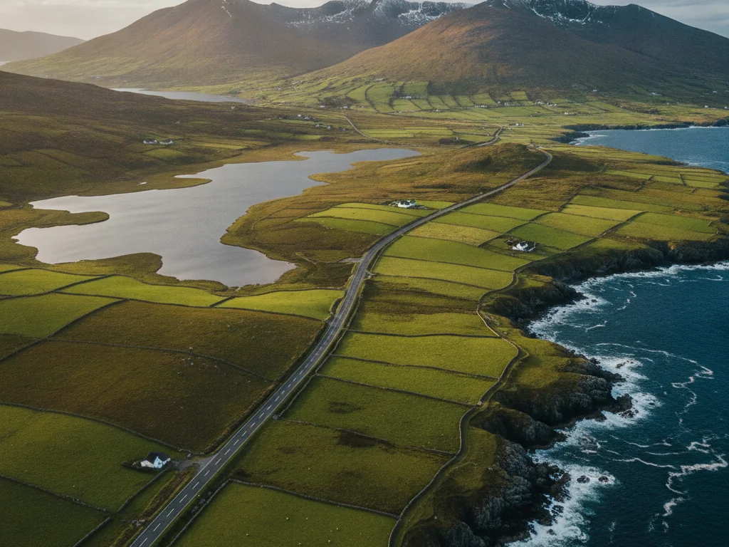 Ring of Kerry's winding coastal road revealing lakes, mountains, and green valleys in County Kerry.