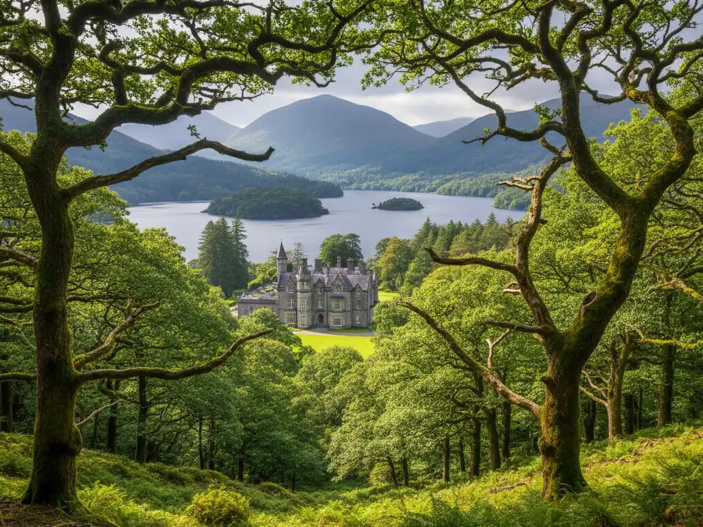 Killarney National Park's ancient oak forests surrounding Muckross House and the Lakes of Killarney.