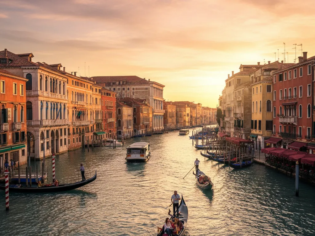 Venice's Grand Canal with colorful buildings and gondolas at sunset.