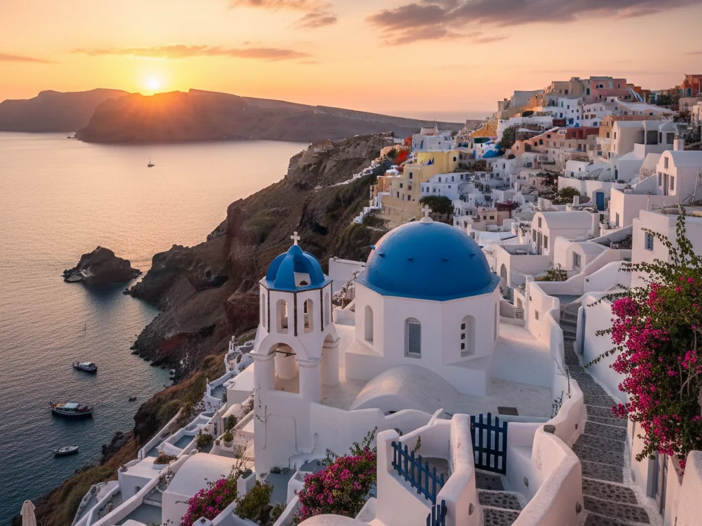 Whitewashed buildings with blue domes overlooking the Santorini caldera at sunset.