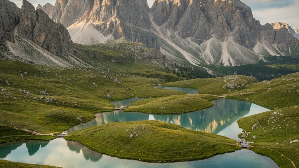 Dolomite mountain peaks rising above alpine meadows and crystal-clear lakes.
