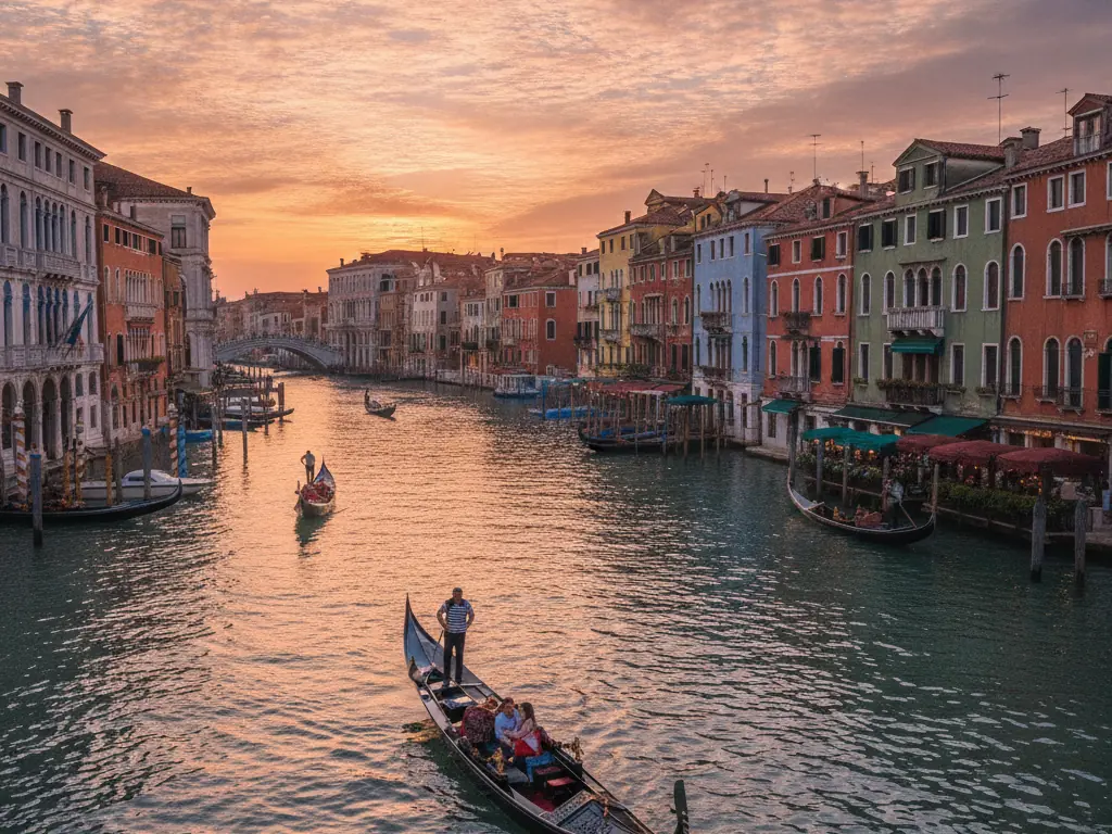 Venice's Grand Canal with colorful buildings and gondolas at sunset.