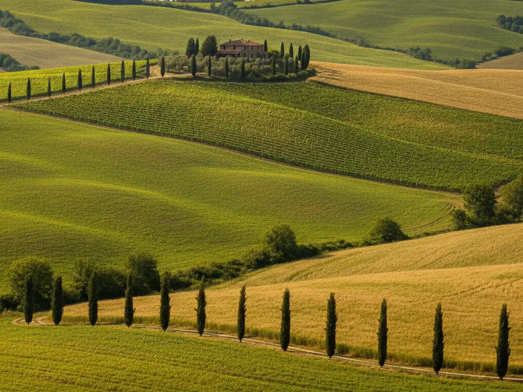 Rolling green hills of Tuscany with cypress trees and vineyards.