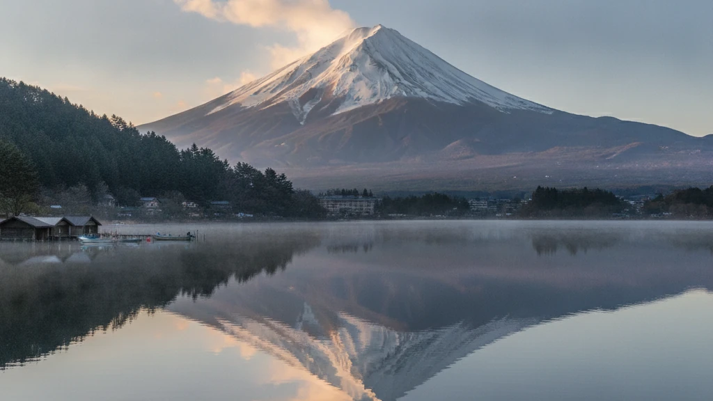 Mount Fuji's snow-capped peak rises above Lake Kawaguchi's mirror-still morning waters.