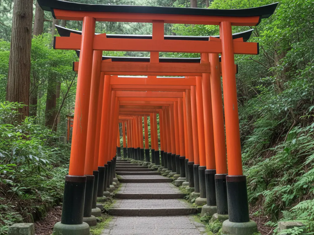 Fushimi Inari Shrine's vermillion torii gates wind endlessly up the forested mountainside.