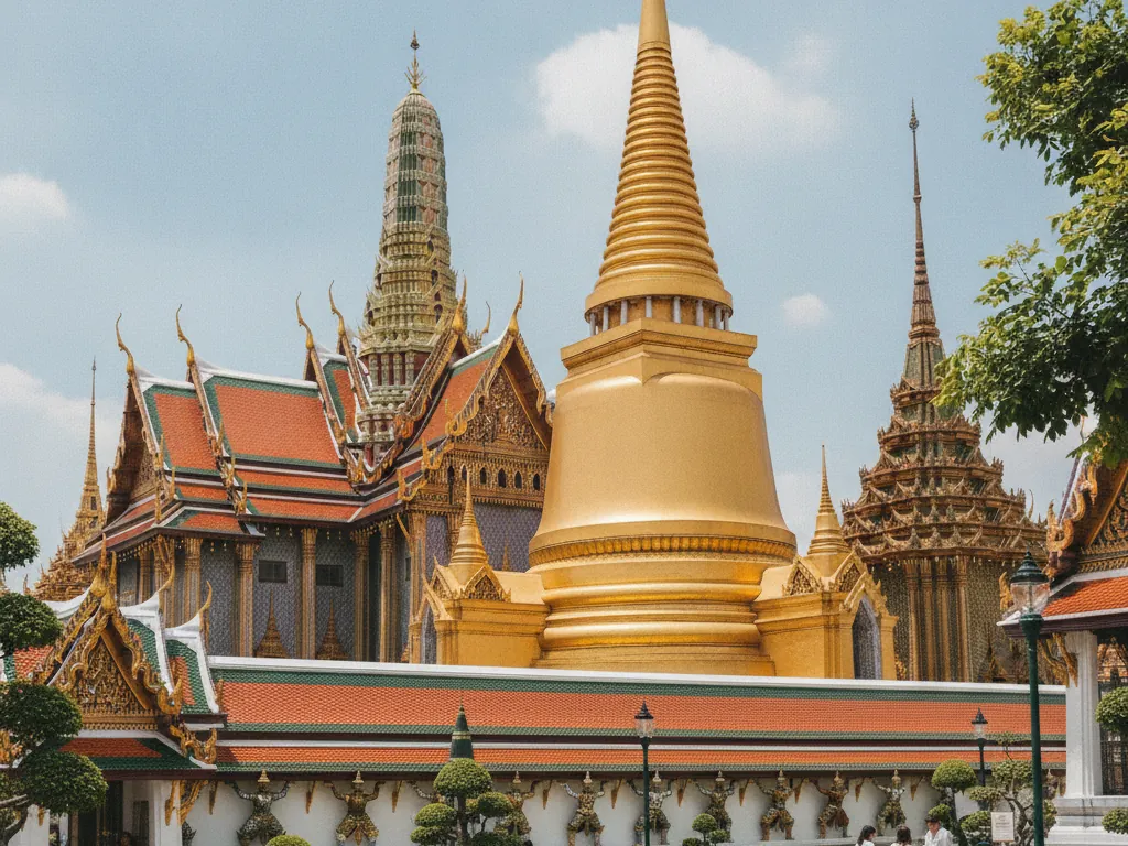 Grand Palace golden spires and ornate temple rooftops gleaming under Bangkok's tropical sun.