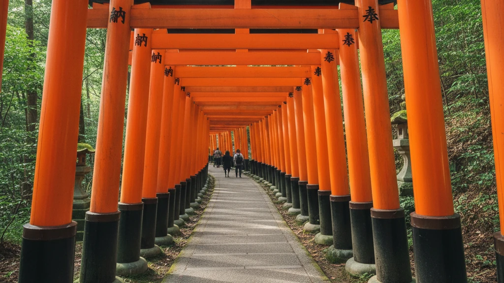 Fushimi Inari Shrine's vermillion torii gates wind endlessly up the forested mountainside.