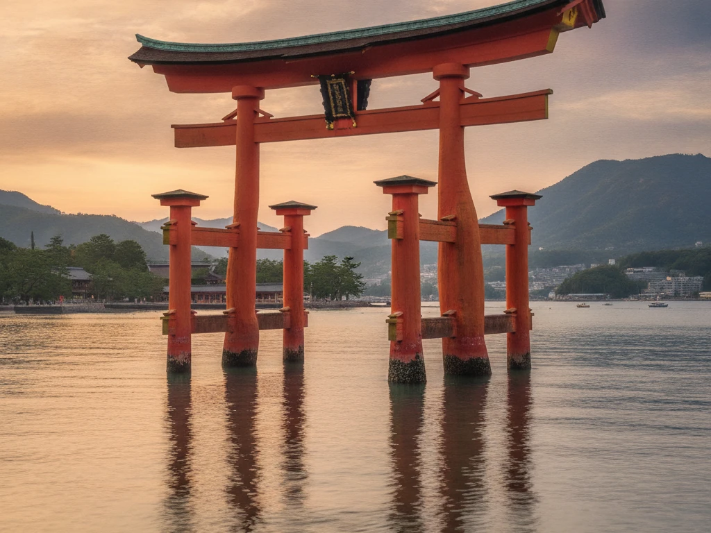 Miyajima Island's floating vermillion torii gate stands in Hiroshima Bay at high tide.