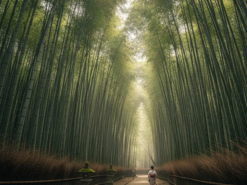 Arashiyama Bamboo Grove's towering green stalks sway gently, filtering dappled sunlight onto paths.