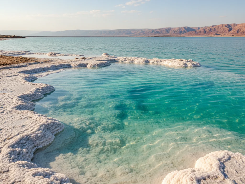 The Dead Sea's mineral-rich turquoise waters meeting white salt-crusted shores.