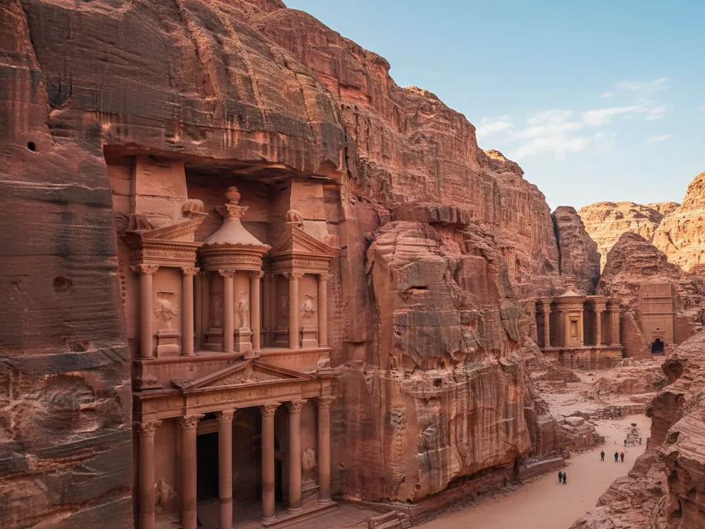Ancient rose-red city of Petra carved into towering sandstone cliffs.